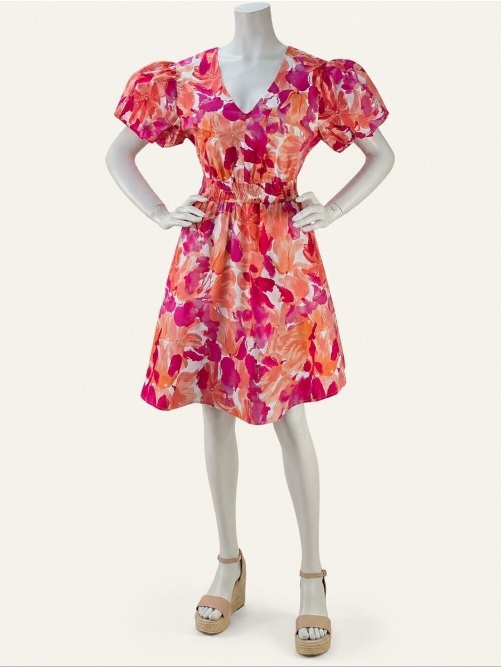 BiBi Sorbet Floral Puff Sleeve Cotton Resort Travel Dress Medium NWT